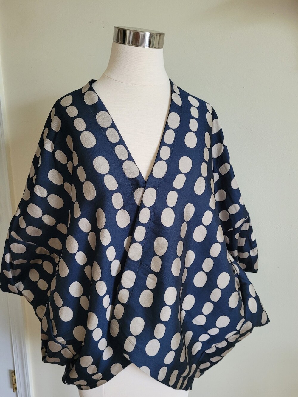 Women's Navy and Cream Polka Dot Wrap Blouse